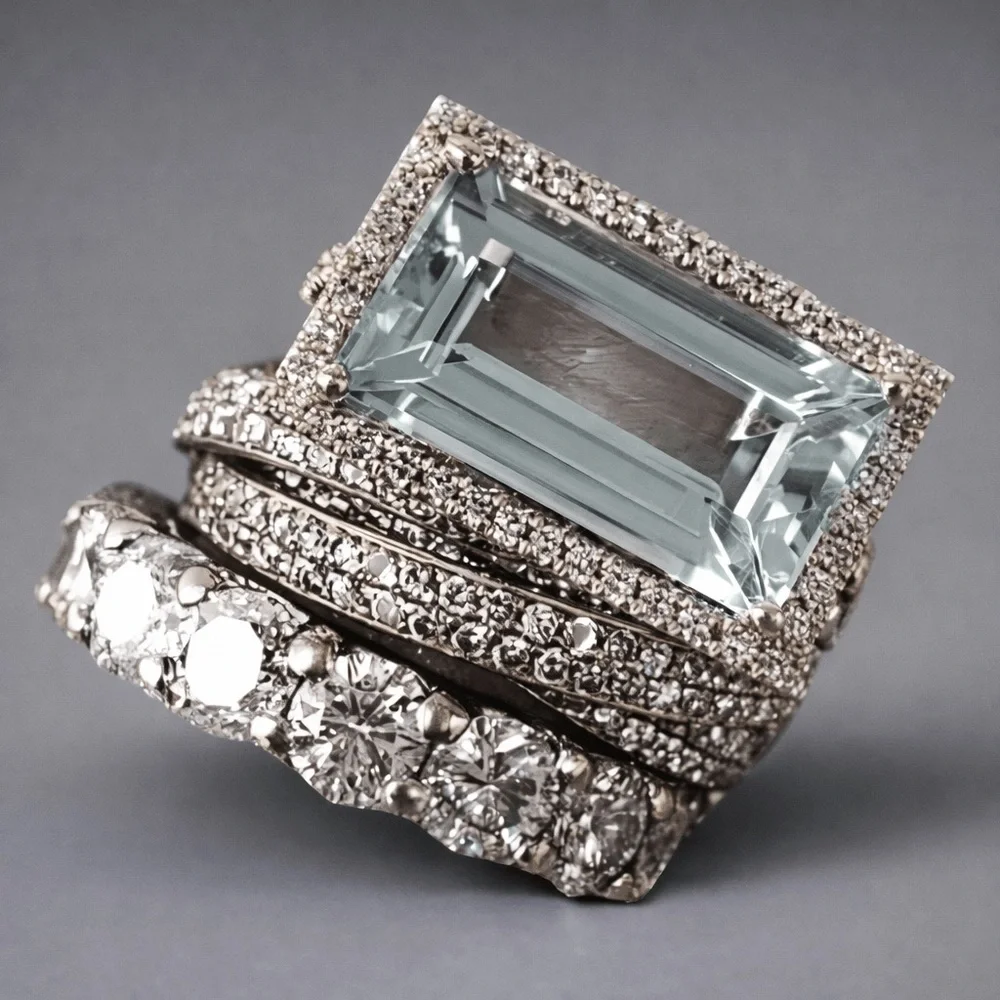 Aquamarine and Diamond 3 Ring Statement Stacked Ring Set - Women Jewelry Sz 7